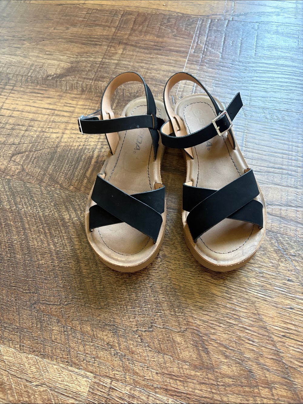 Soda Black Cross-Strap Kids Sandals with Tan Footbed